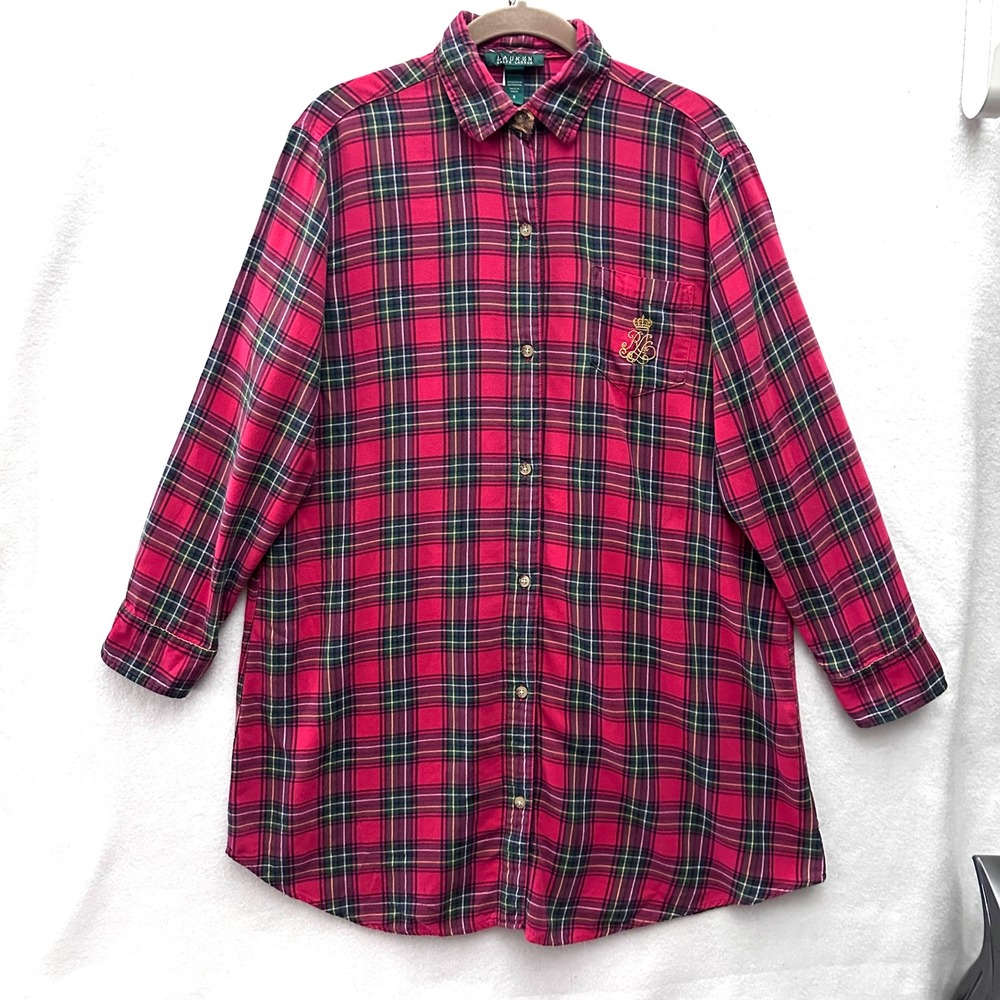 Ralph Lauren S Red Tartan Plaid Sleep Shirt Embroidered Crest Logo Preppy Small